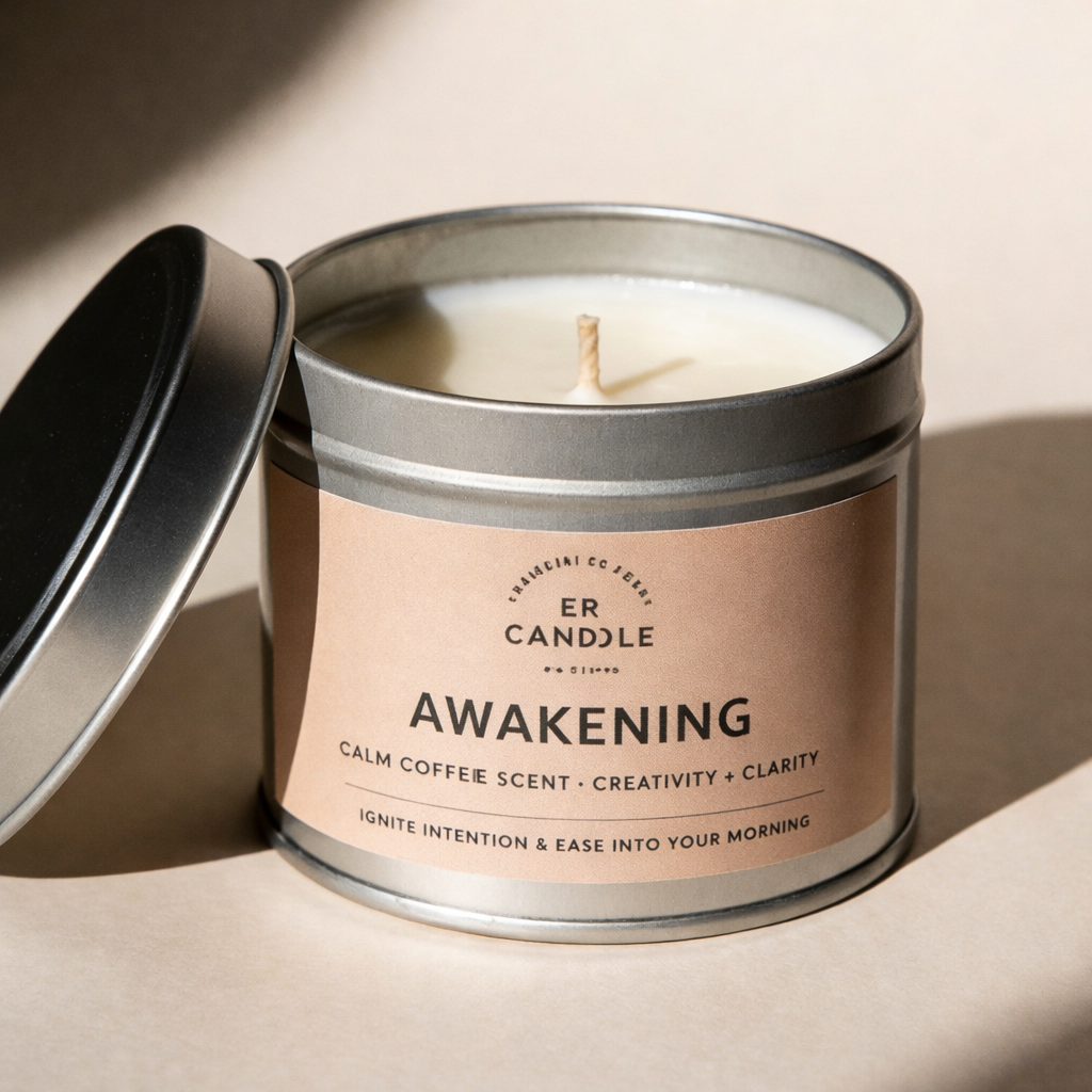 candle labels with minimal branding on metal tin candle