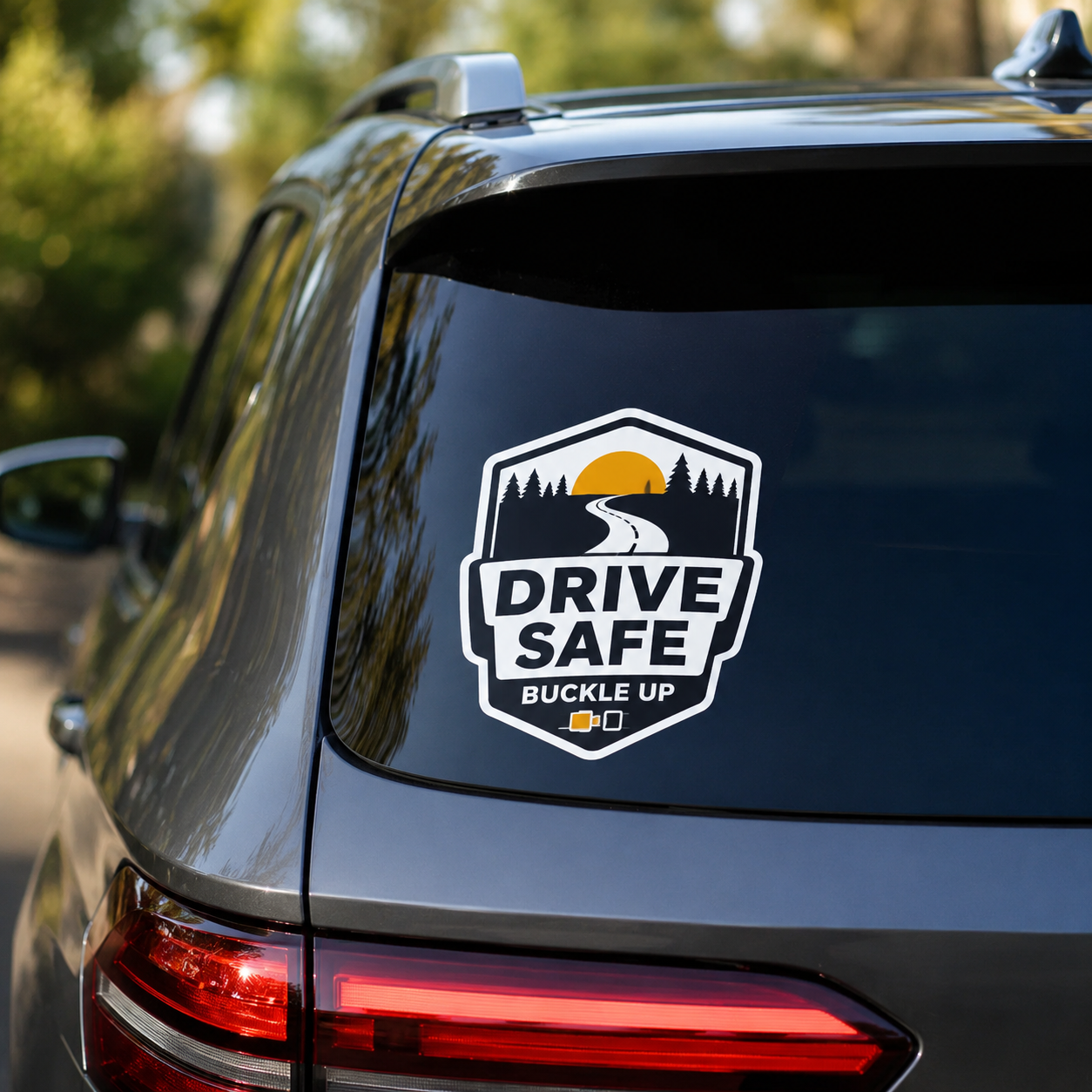 Custom car window decal with "Drive Safe" message, waterproof vinyl bumper sticker for cars and SUVs, outdoor safety branding label.
