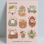 Sticker sheet with nature-themed illustrations of animals and plants on a pink background.