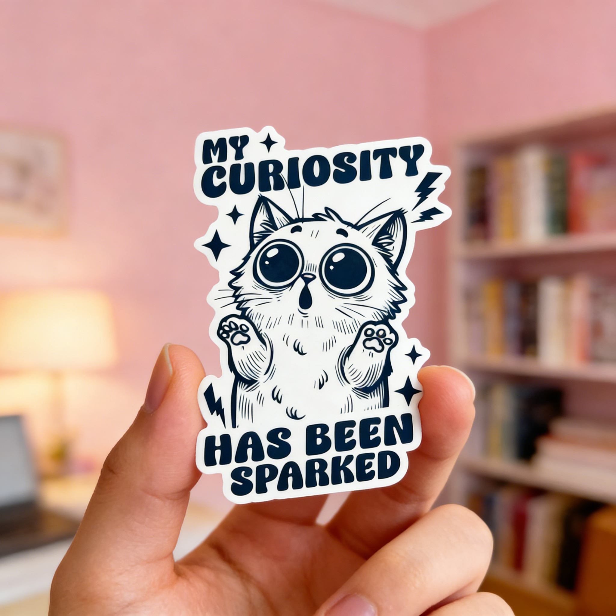 Hand holding a sticker with a cat illustration and text 'My curiosity has been sparked' against a blurred indoor background.
