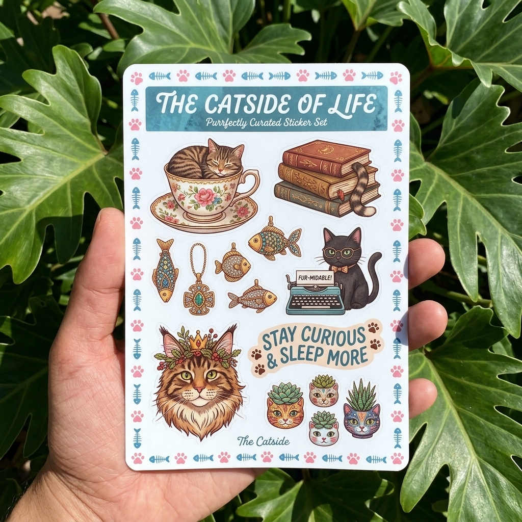 Sticker sheet with the themed design of 'The Catside of Life' held in front of green leaves