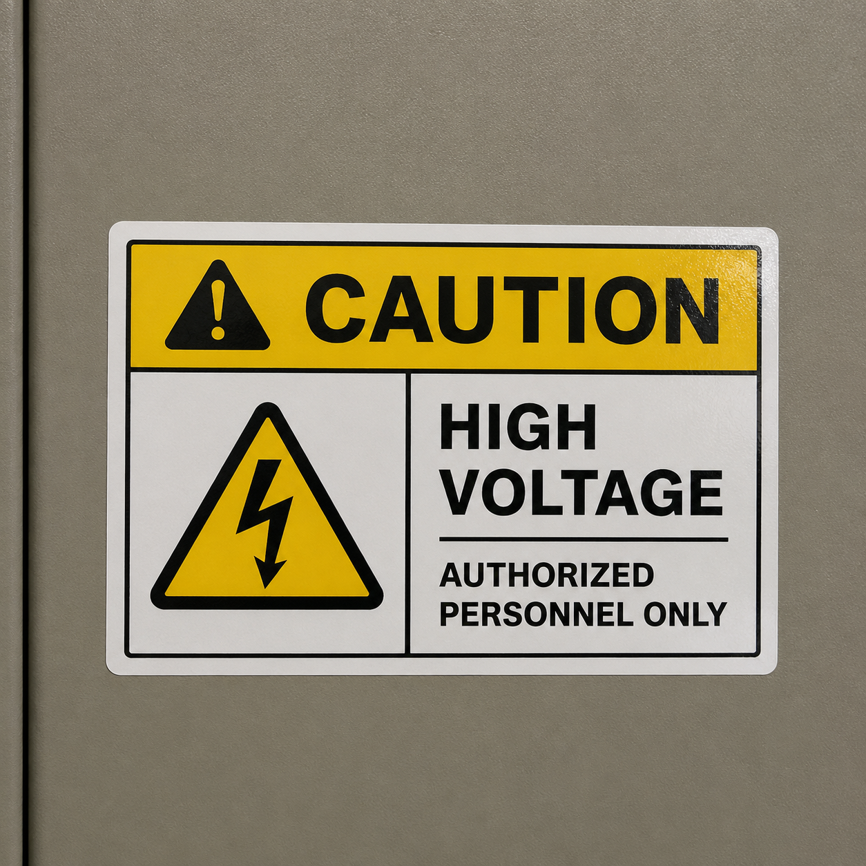 Caution high voltage safety label applied on an electrical cabinet surface.