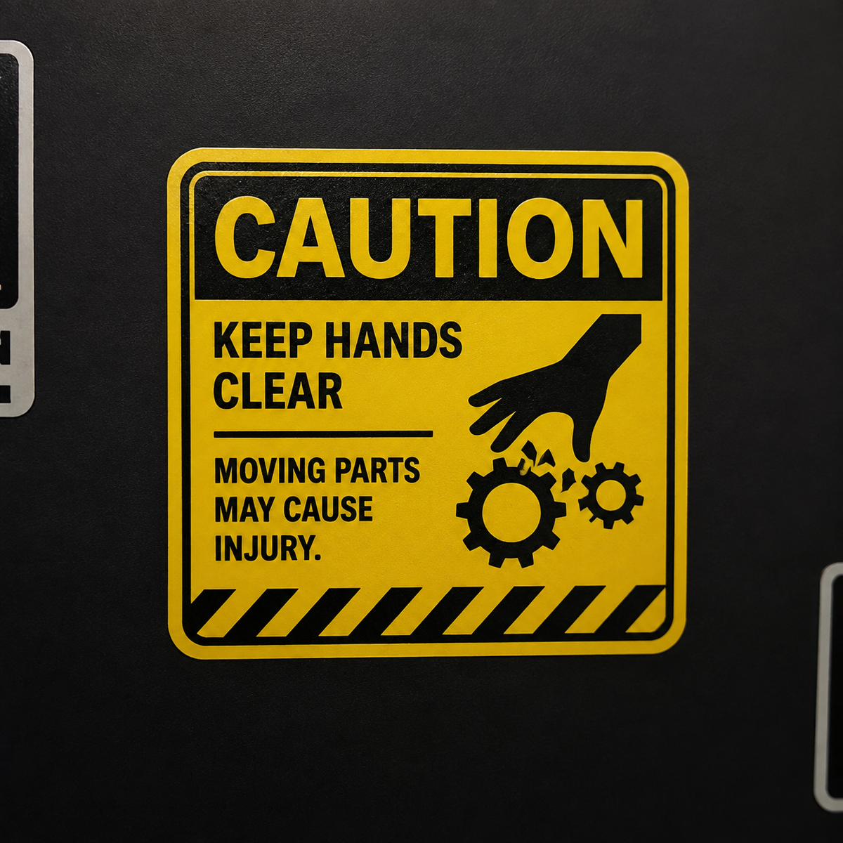Caution keep hands clear label warning about moving parts and machinery injury risks.