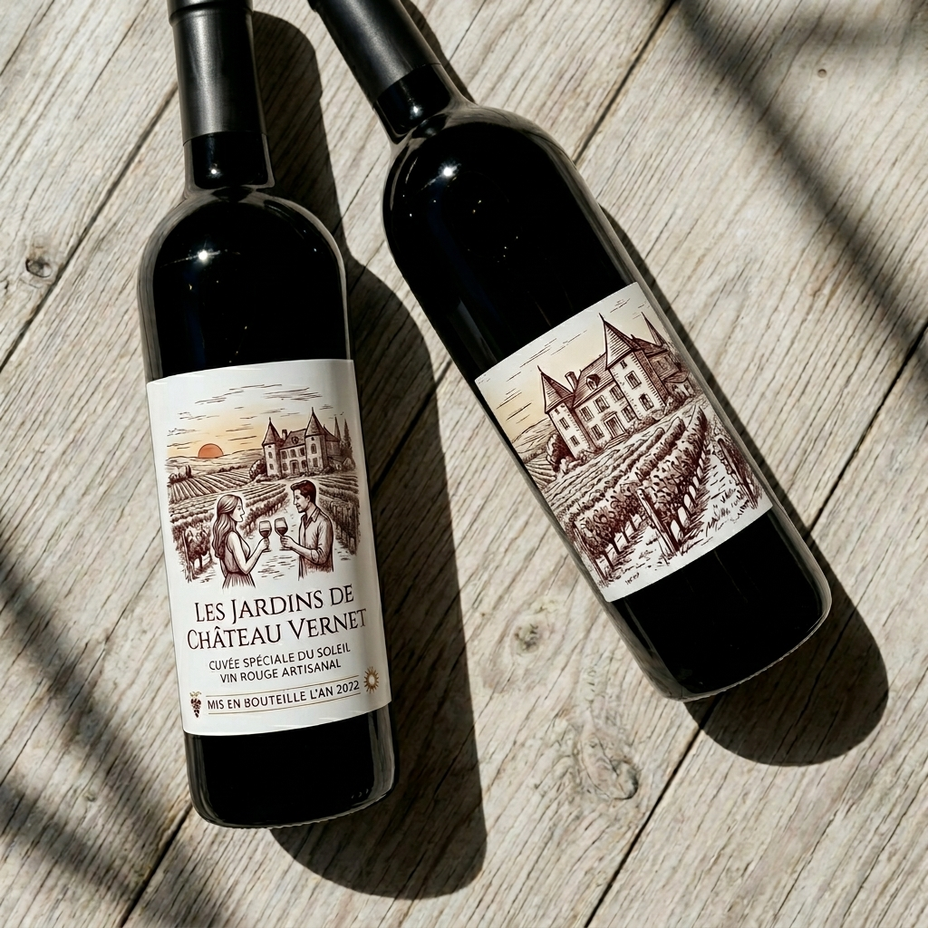 Two wine bottles featuring "Les Jardins de Château Vernet" labels with detailed hand-drawn illustrations of a vineyard and a couple enjoying wine.