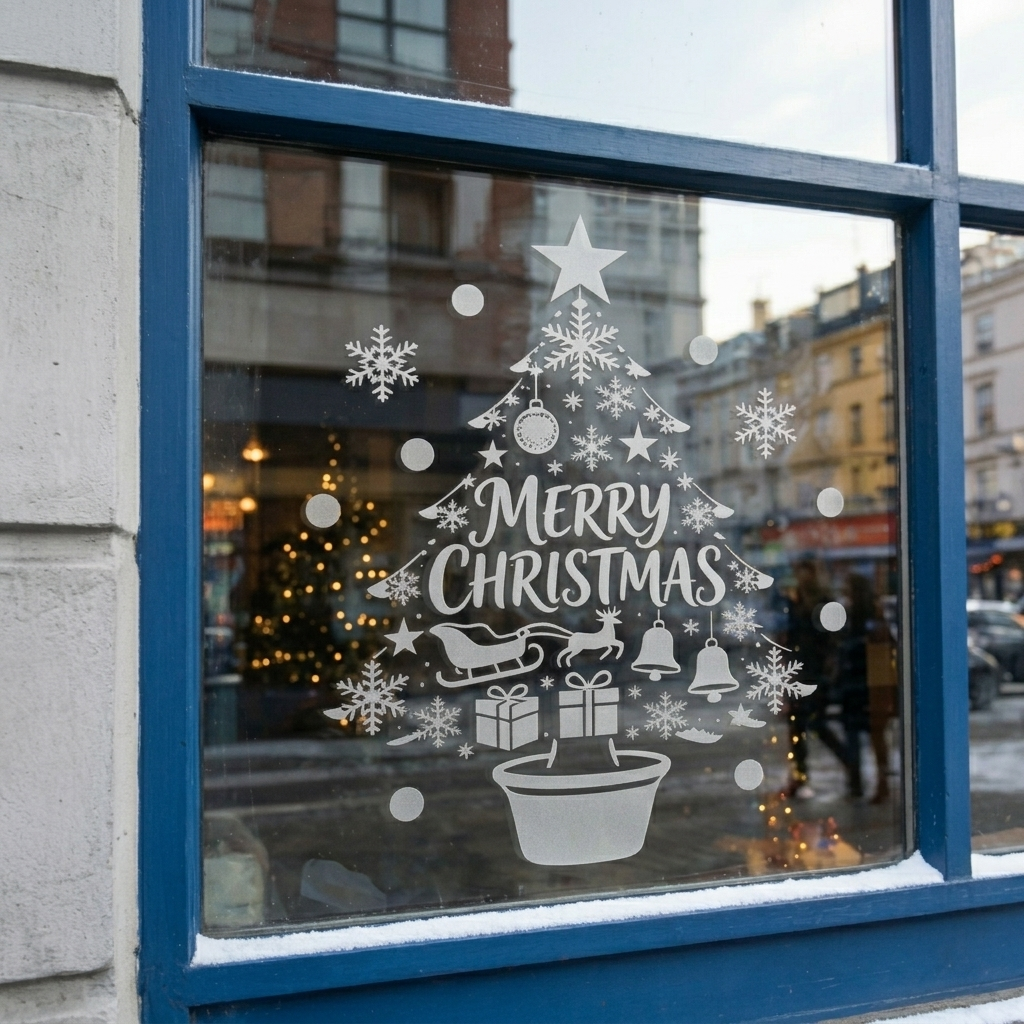 Decorative Christmas window sticker on a building with a city street background
