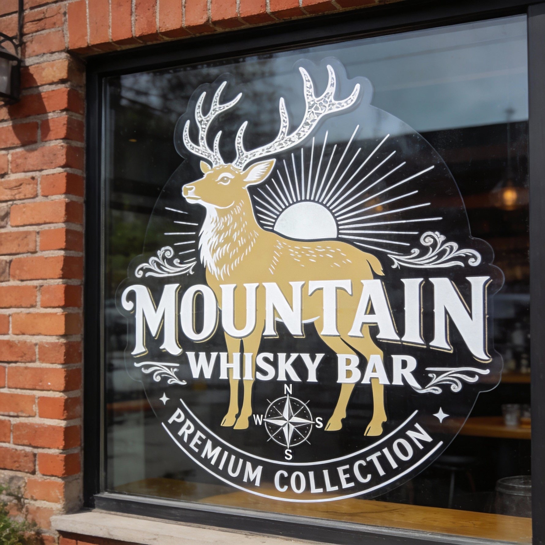 Reusable large Christmas window cling of Mountain Whisky Bar with a deer logo on a brick building.