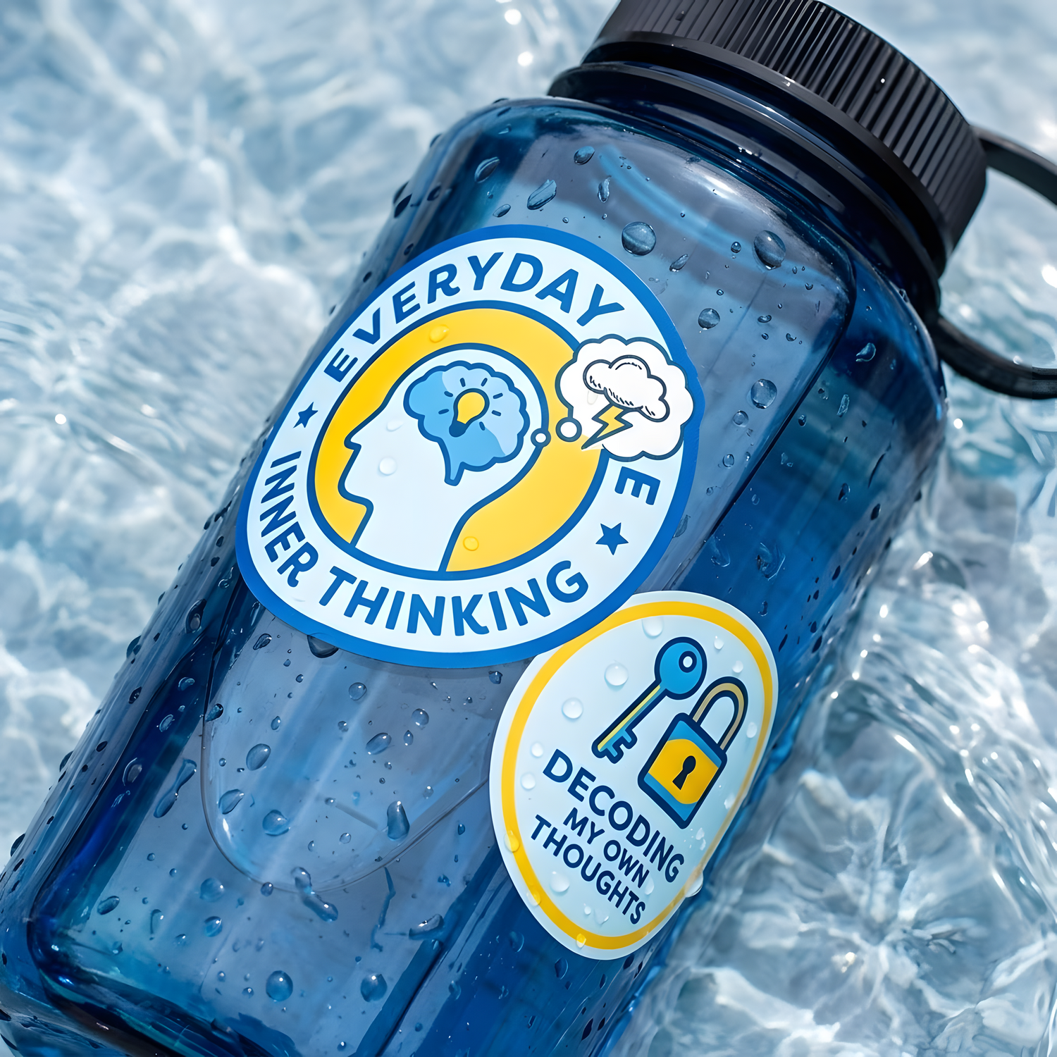 Custom waterproof circle stickers with motivational designs applied to a blue water bottle covered in water droplets.