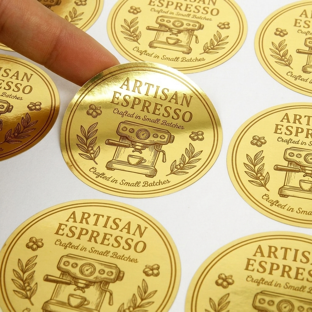 Close-up photograph of circular gold foil labels with an espresso machine design. A person's finger is gently lifting one custom gold label from the sheet, showcasing the metallic gold decal and reflective finish.