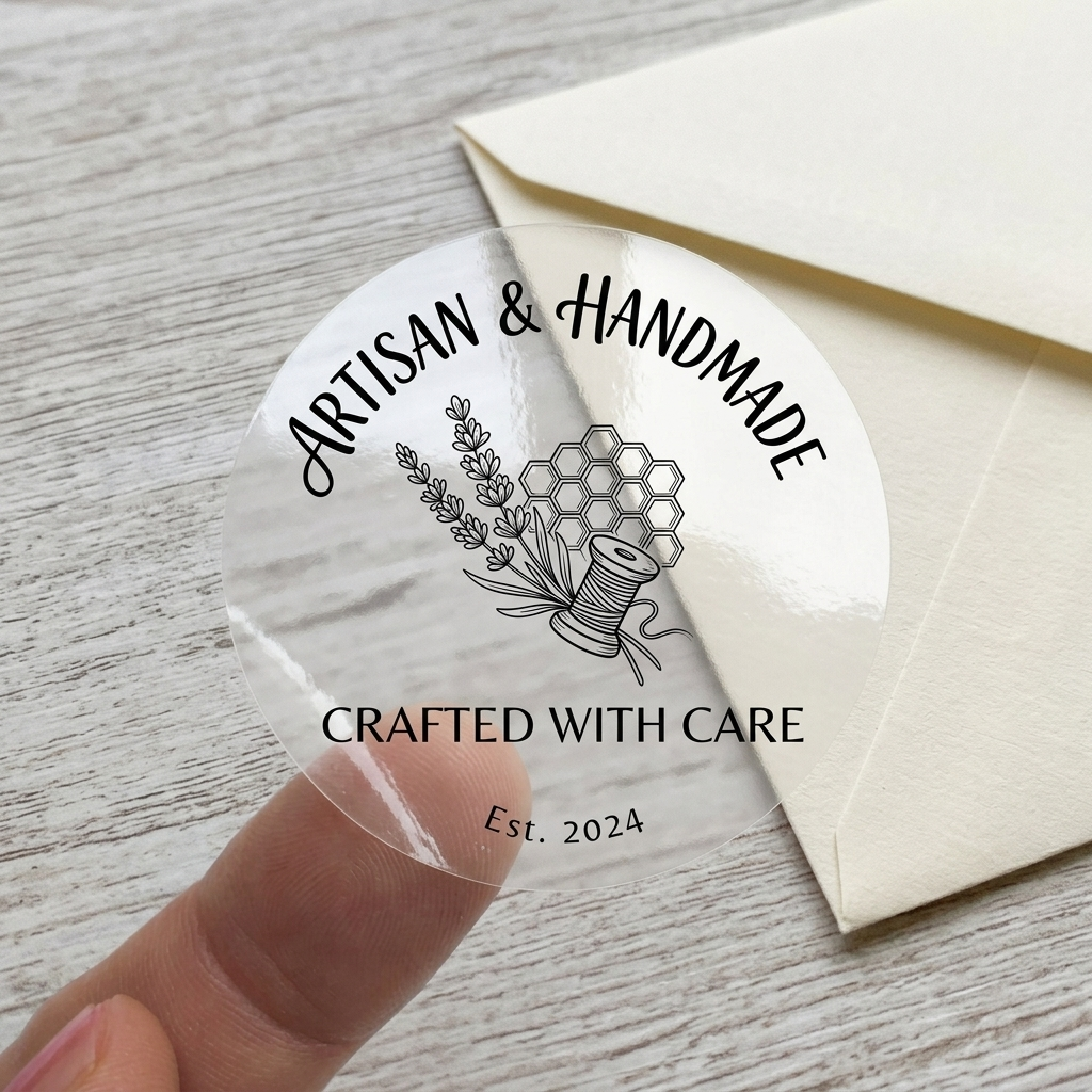 A round transparent personalized label with "Artisan & Handmade" text and a lavender illustration used as a decorative seal on a cream envelope.