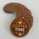 A stack of round coffee-themed stickers, ideal for coffee logo promotional project.