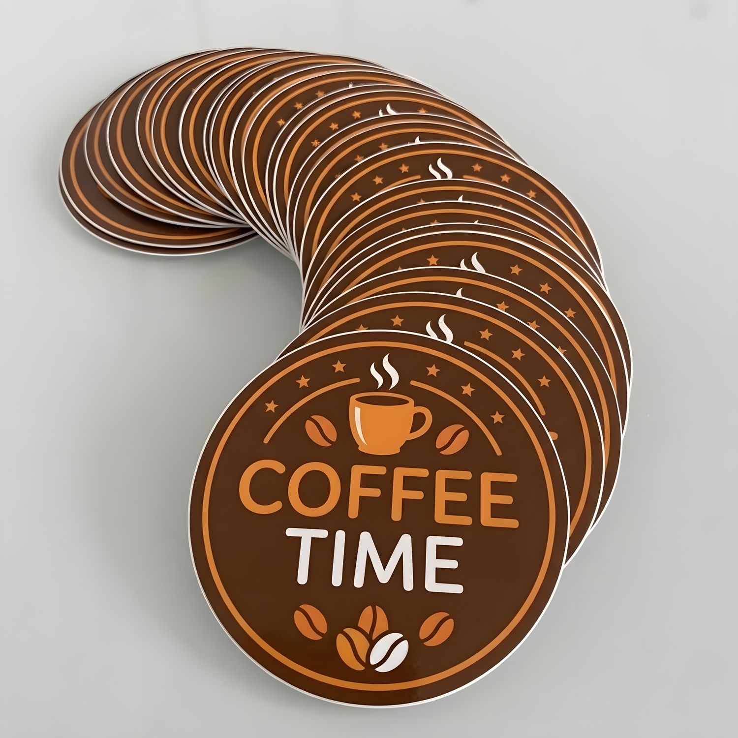 A stack of round coffee-themed stickers, ideal for coffee logo promotional project.