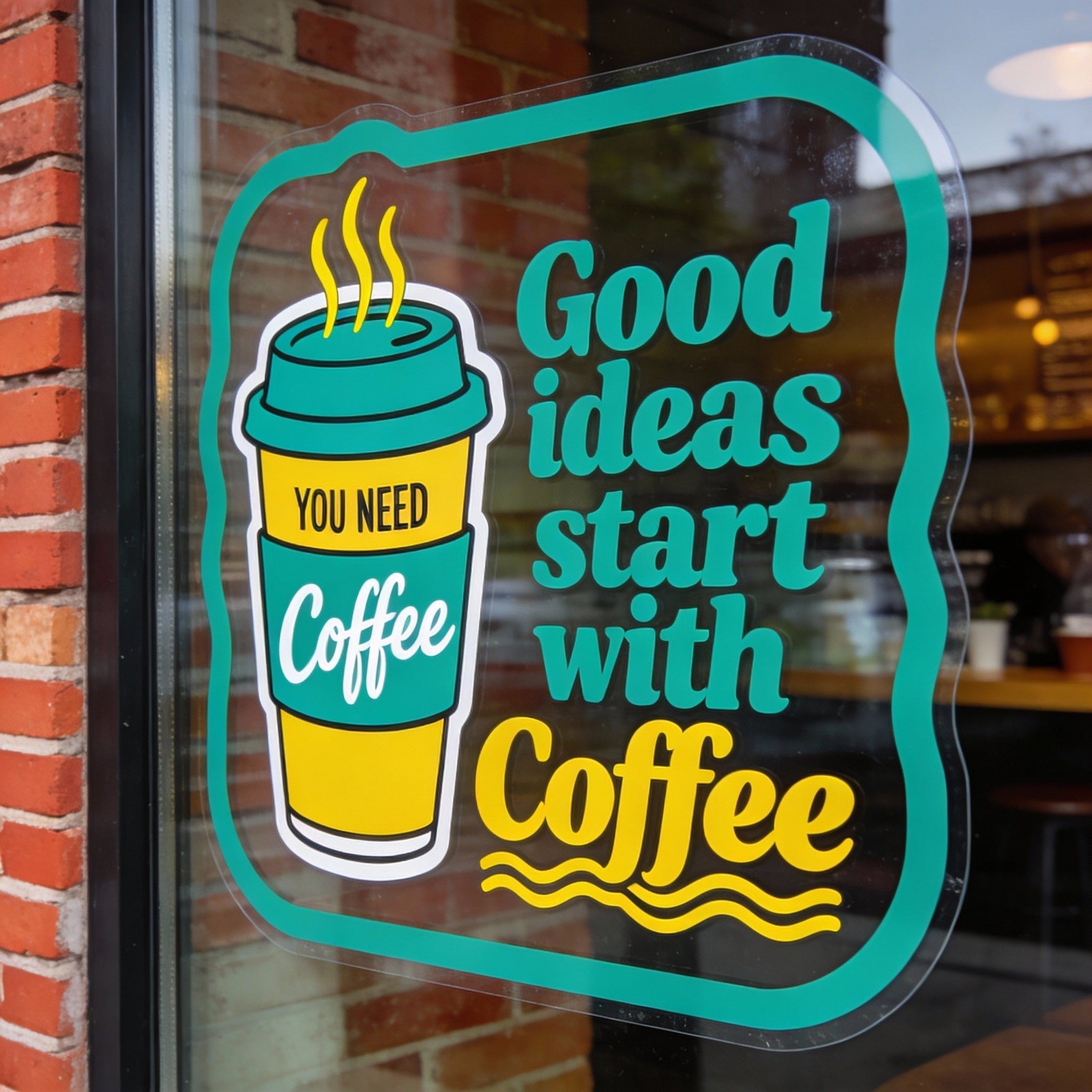 Decorative window cling with a coffee cup graphic and text 'Good ideas start with coffee' on a glass door in full color printing.
