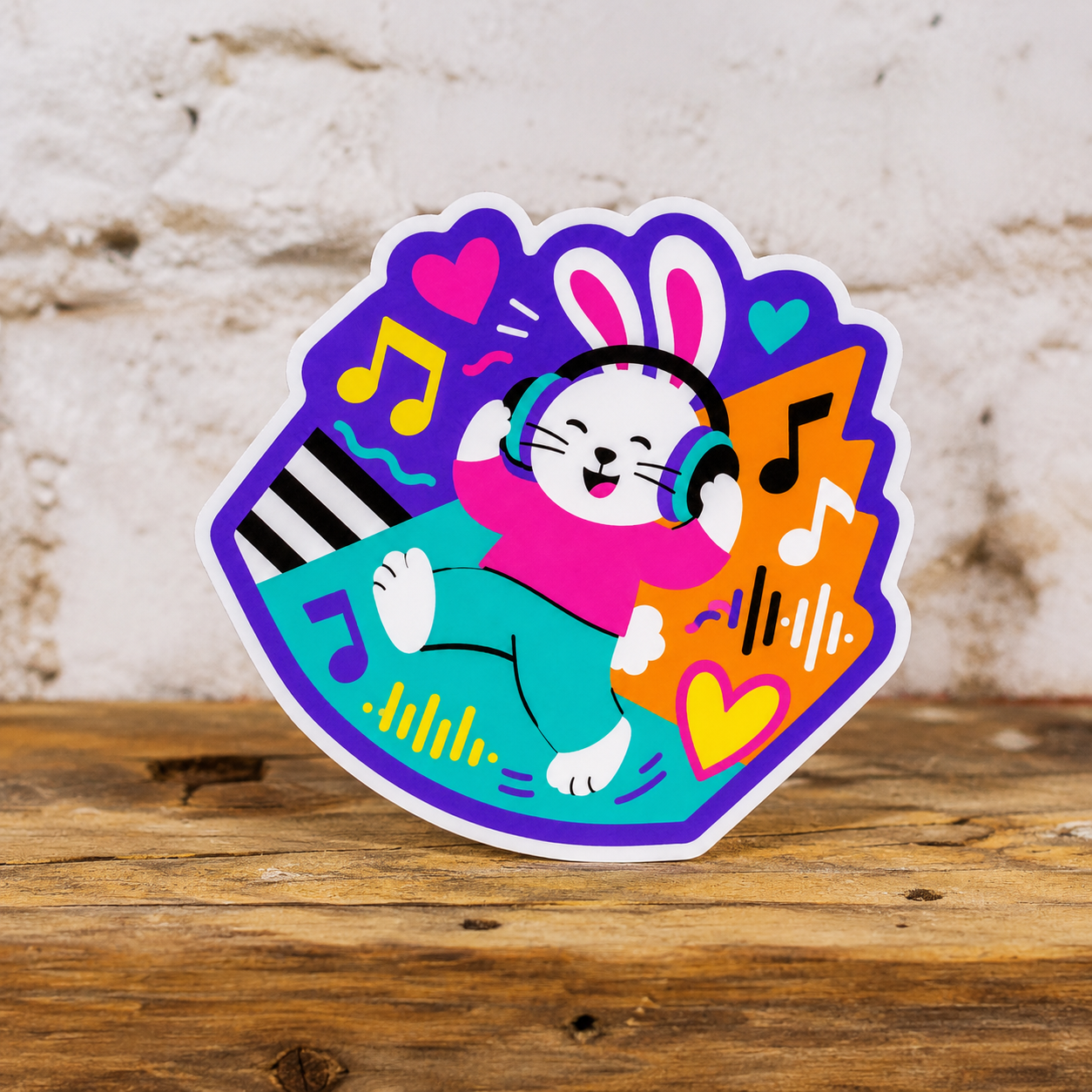 Colorful bunny music vinyl sticker with headphones on a wooden surface