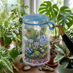 Decorative jar with a colorful clear sticker in garden design surrounded by potted plants