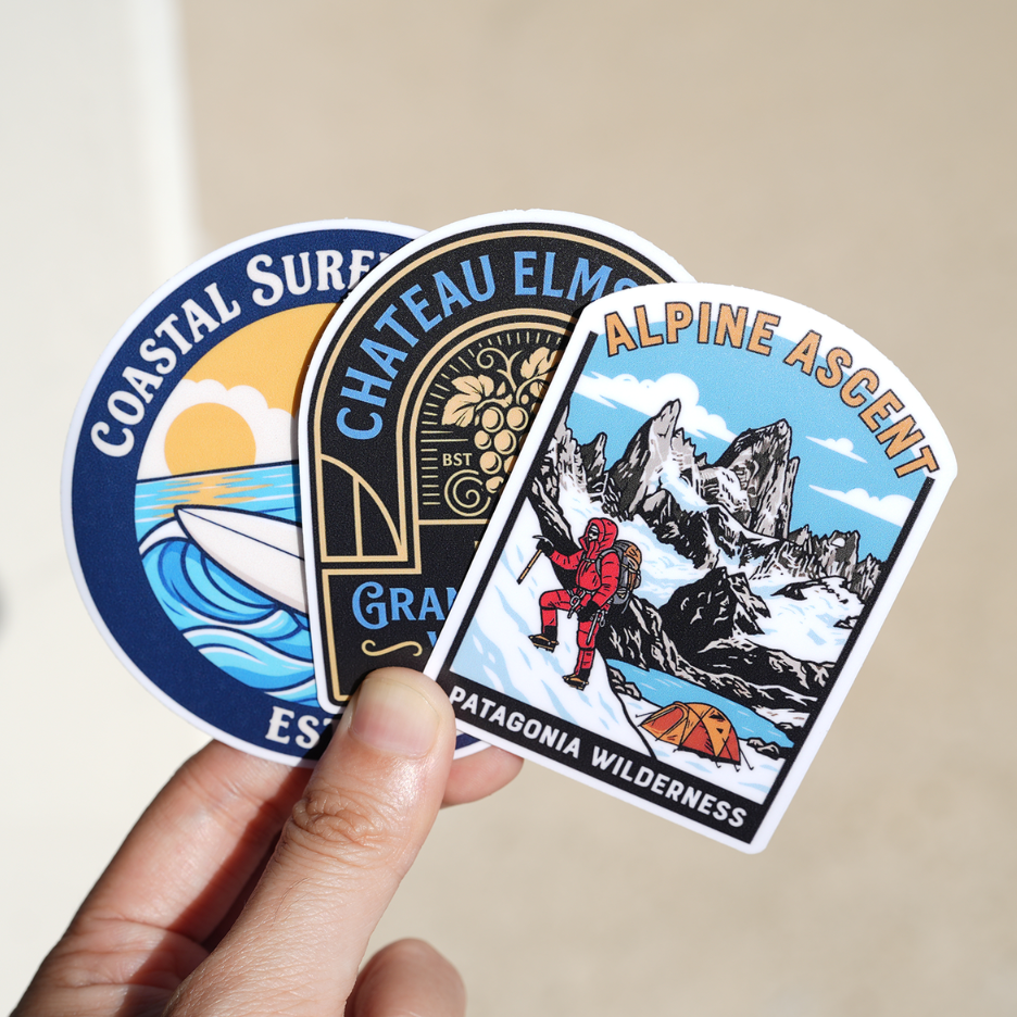 Hand holding full-color printing custom vinyl stickers with UV-resistant finish featuring coastal, wine, and mountain designs.