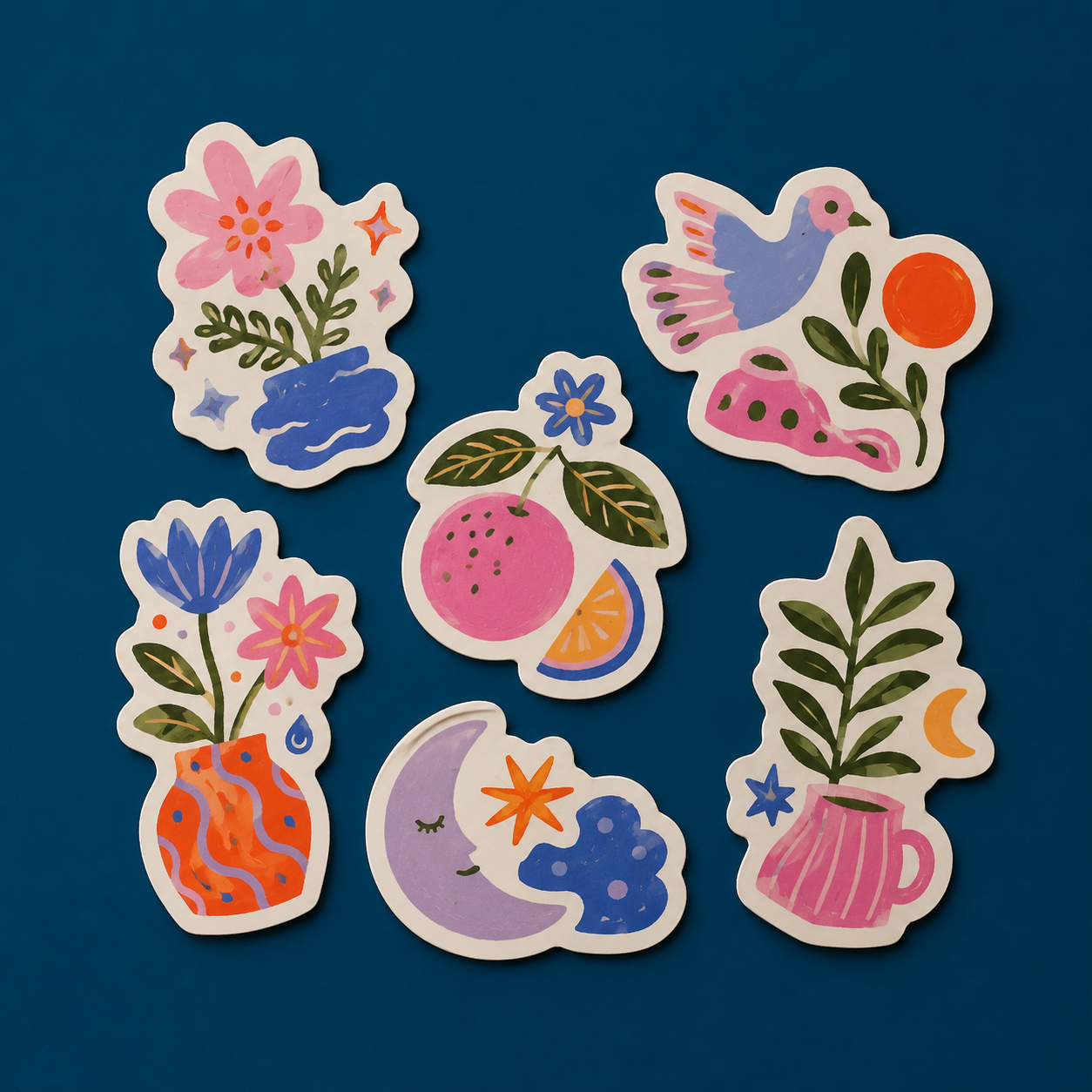 Colorful floral and bird artist stickers with smooth die cut edges