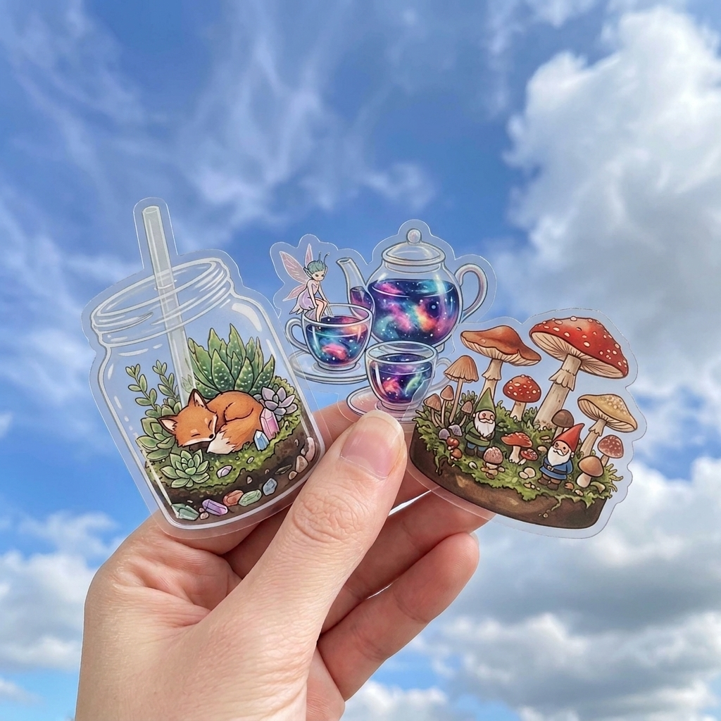 Hand holding three colorful illustrated clear stickers made of transparent vinyl with full-color printing against a blue sky with clouds.