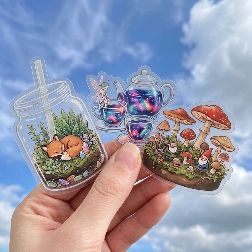 Hand holding three colorful illustrated clear stickers made of transparent vinyl with full-color printing against a blue sky with clouds.