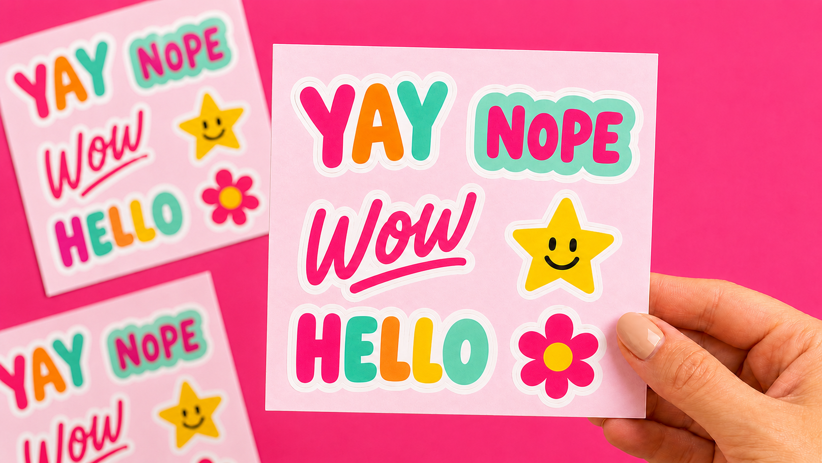 Hand holding a pink sticker sheet with colorful mood-themed stickers on a dark pink background.
