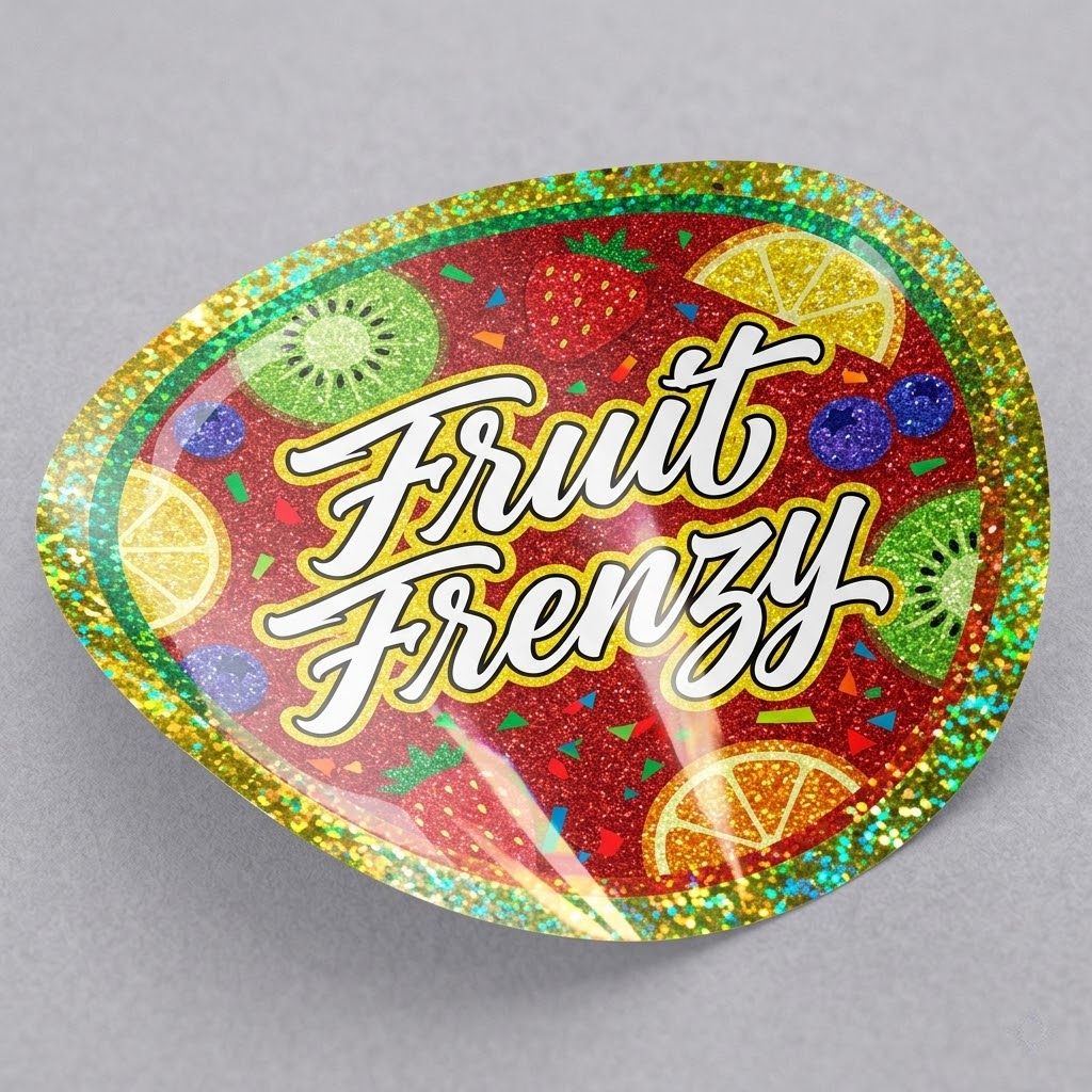 A circle colorful fruit glitter vinyl label being peeled, demonstrating vibrant glitter packaging stickers with a shimmering textured finish.