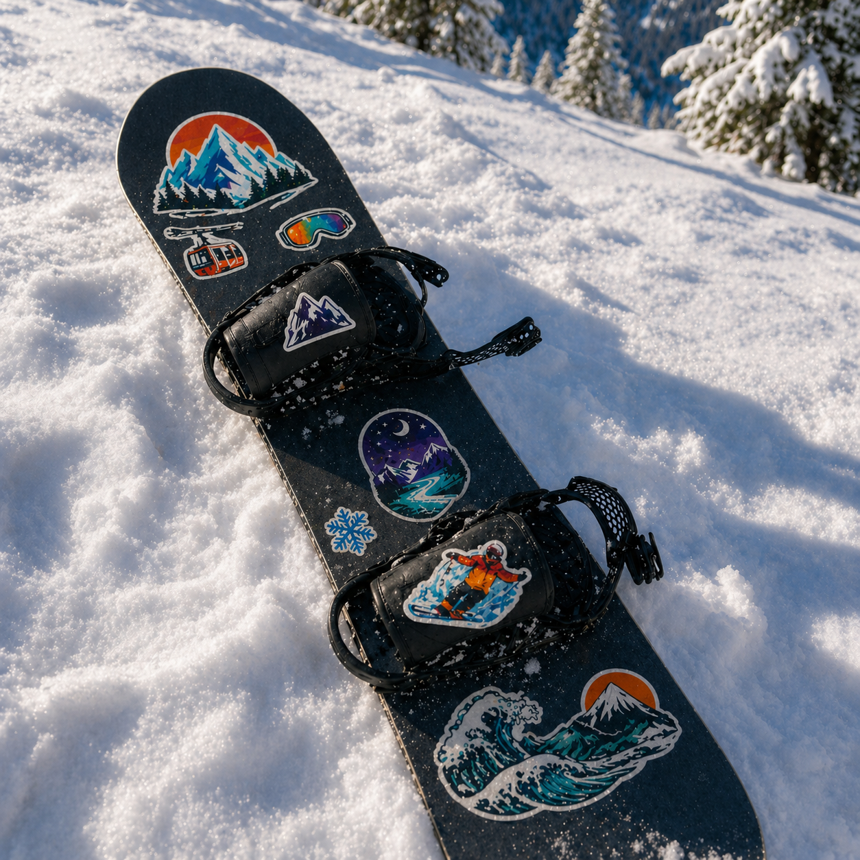 A collection of colorful snowboarding stickers decorated on a black snowboard in the snow.