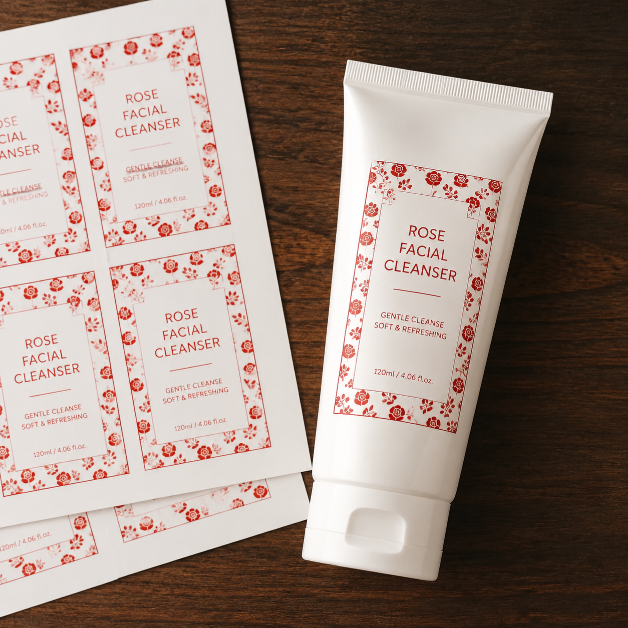 Waterproof cosmetic label sheets and applied rose facial cleanser tube label printed on durable white vinyl