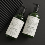 Custom cosmetic product labels on aloe vera botanical shampoo and conditioner bottles printed on white vinyl