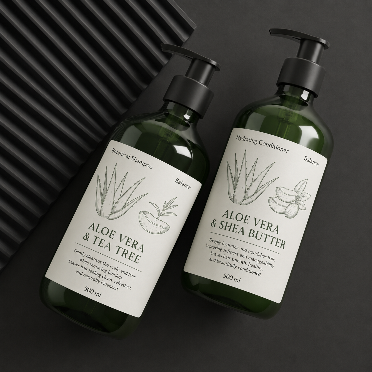 Custom cosmetic product labels on aloe vera botanical shampoo and conditioner bottles printed on white vinyl
