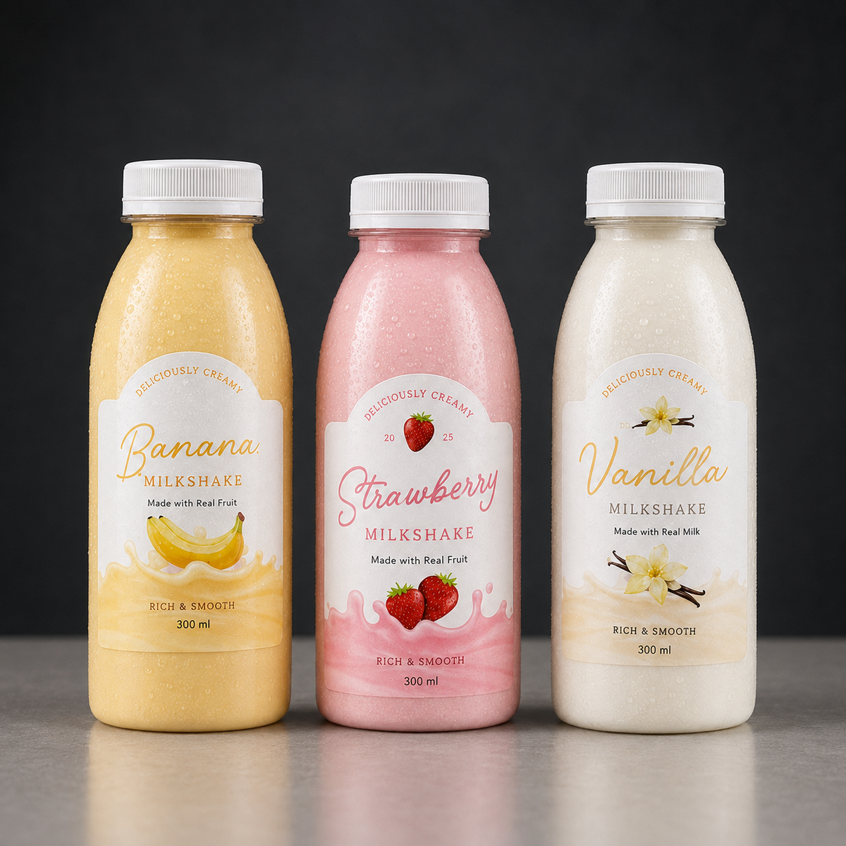 Custom waterproof labels featuring banana, strawberry, and vanilla milkshake designs applied on glass beverage bottles.