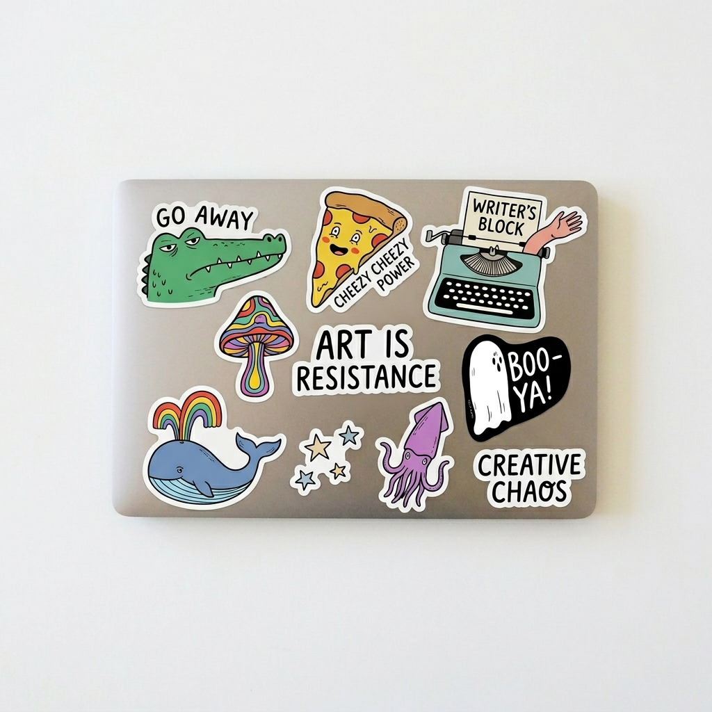 A collection of colorful illustrated laptop stickers including a grumpy alligator, a pizza slice, a typewriter with "Writer's Block," and a ghost with "Boo-ya!" on a silver laptop.