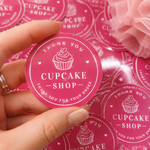 Pink round cupcake thank you stickers for bakery packaging and small business orders.