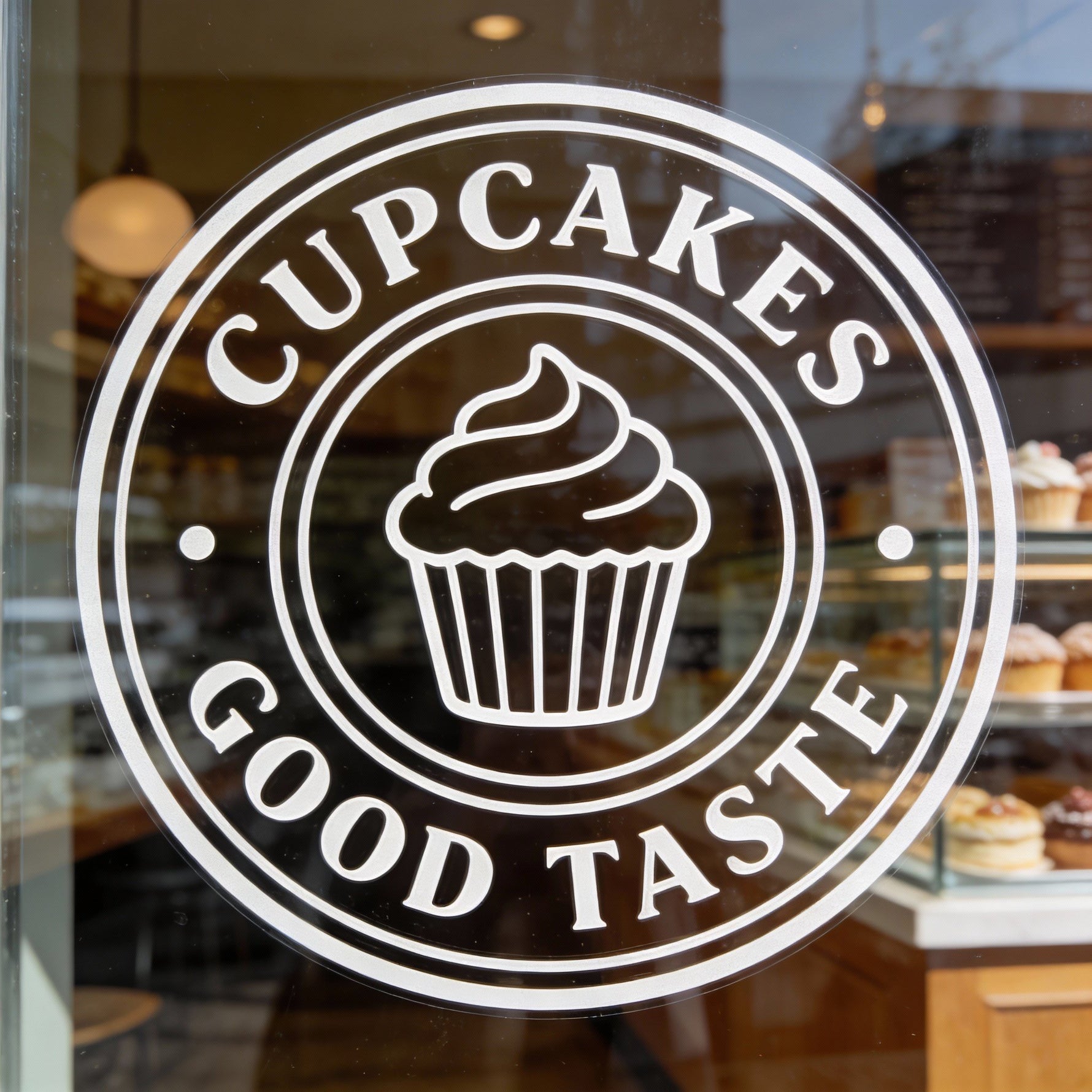 Decorative window clings on a glass door with 'Cupcakes Good Taste' text and a cupcake illustration.