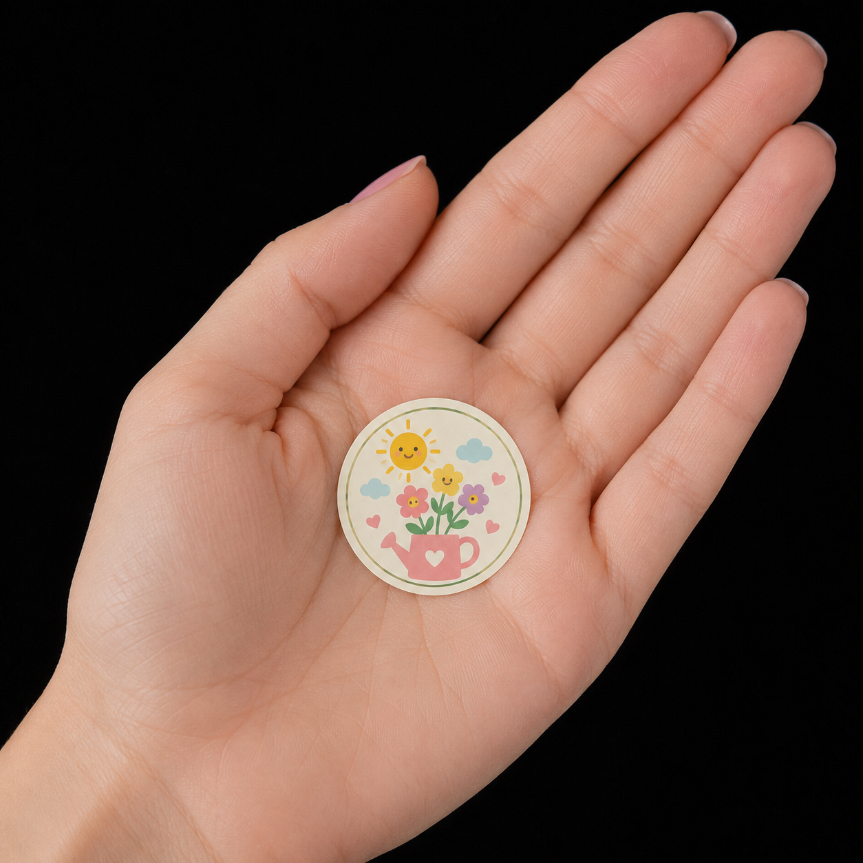 A 1 inch circle sticker featuring a cute flower and sun design held in a person's palm to show the actual size for custom round stickers printing.