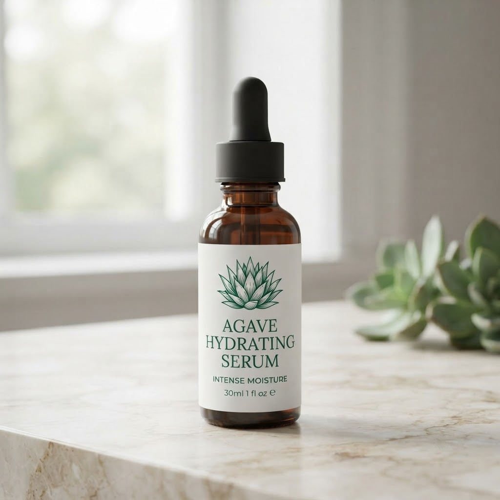 Custom skincare product label for agave hydrating serum, minimalist green and white design, professional cosmetic packaging sticker.