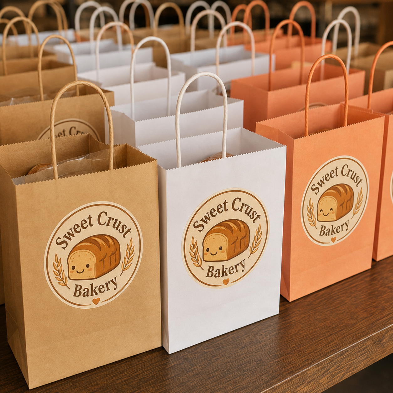 Custom bakery logo stickers on paper bags for branded bakery packaging.