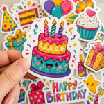 A hand holding a vibrant, die-cut vinyl sticker of a smiling birthday cake with three candles, surrounded by various party-themed stickers like cupcakes and gift boxes.