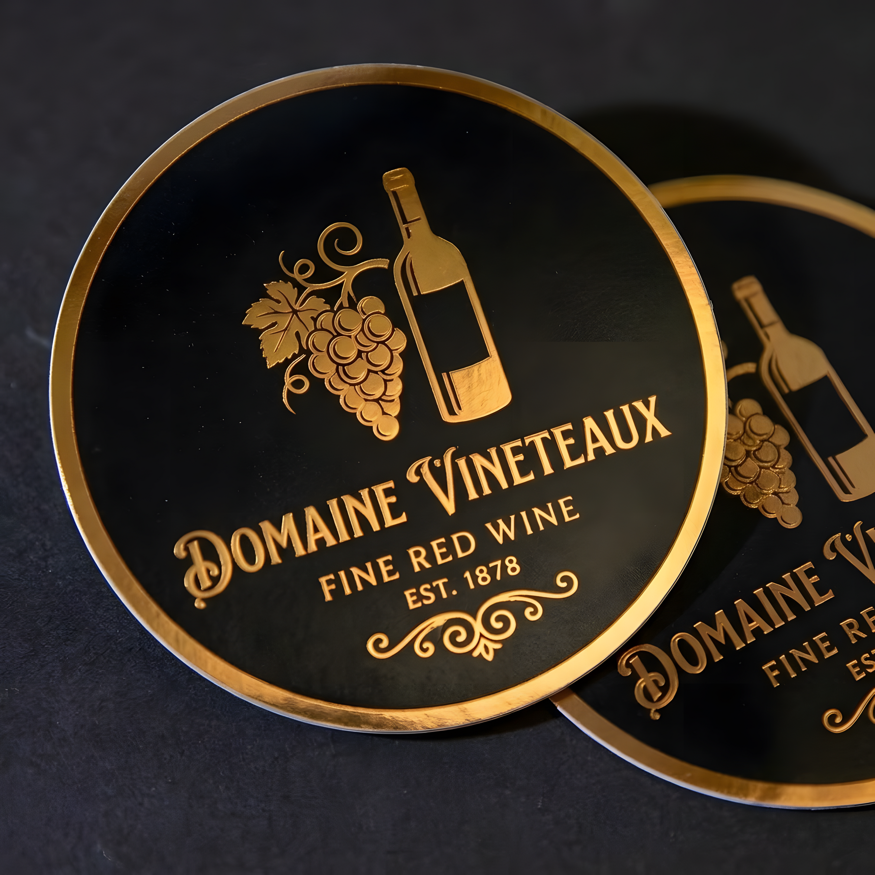 Custom round black and gold metallic stickers featuring a premium wine brand design.