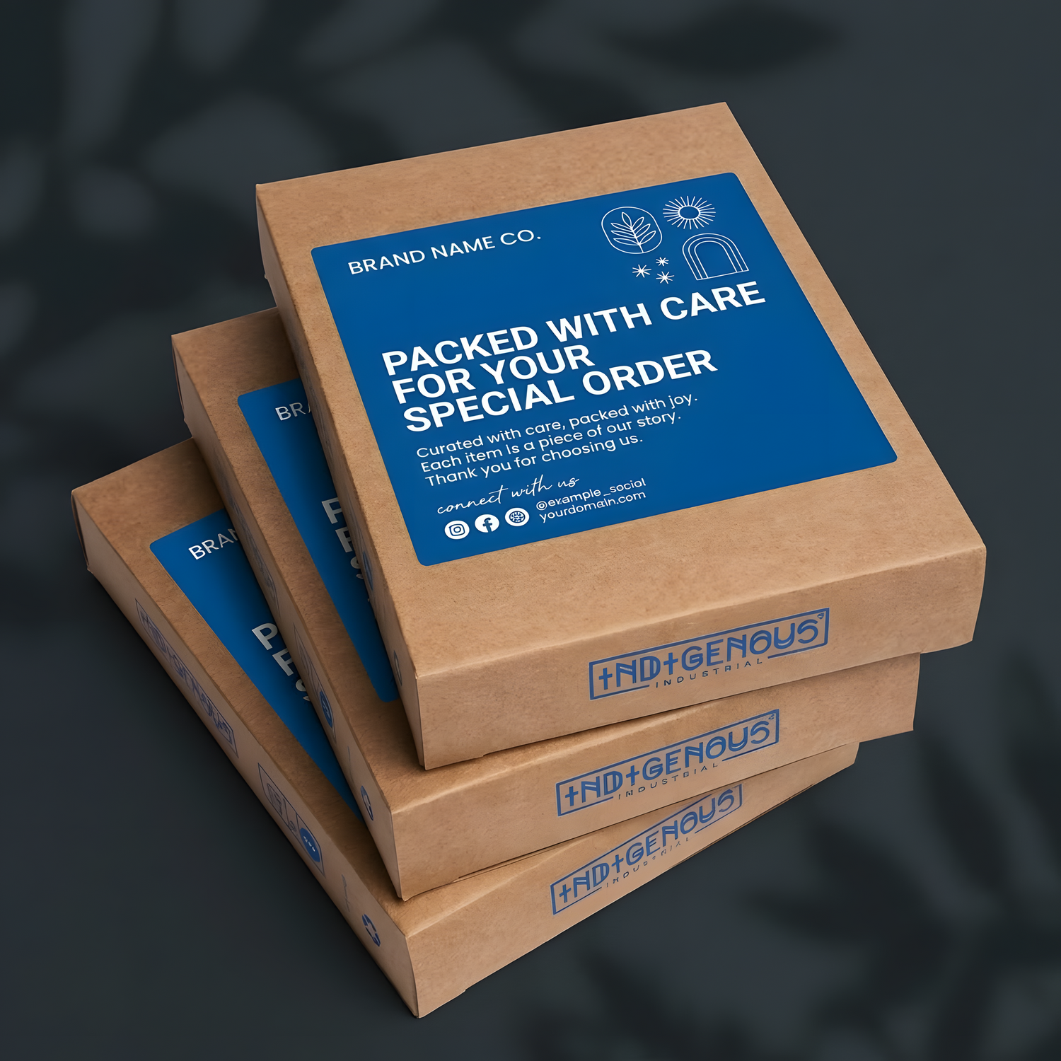 Custom branding vinyl stickers applied to product packaging boxes, showing professional labels for small business orders and branded packaging.