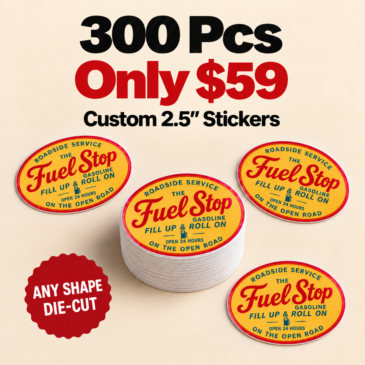 Custom 2.5 inch vinyl stickers bulk deal with 300 stacked oval stickers for $59, perfect for logo stickers and product labels.