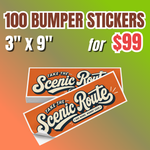 Promotional offer for 100 custom 3-by-9-inch bumper stickers for $99, featuring orange Scenic Route rectangular stickers.