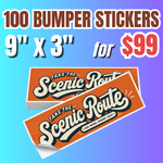Promotional offer for 100 custom 9-by-3-inch bumper stickers for $99, featuring orange Scenic Route rectangular stickers.
