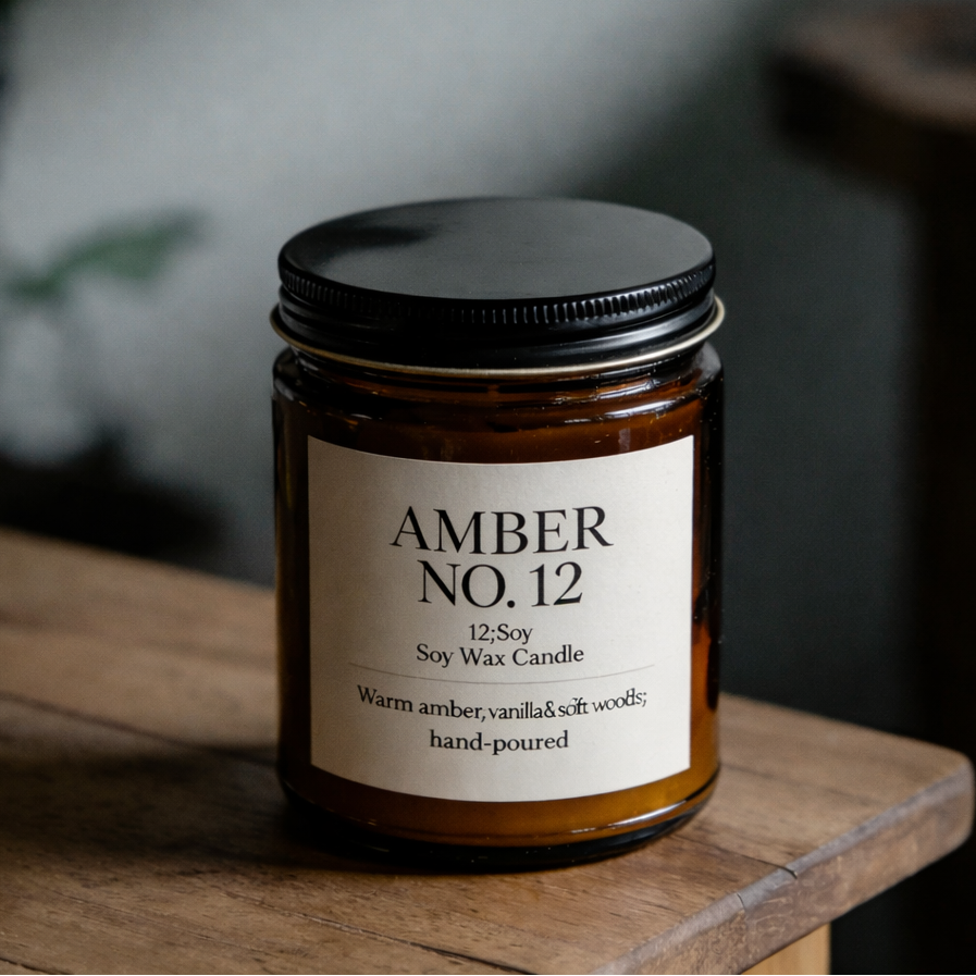 Custom candle labels with luxury design on amber glass jar