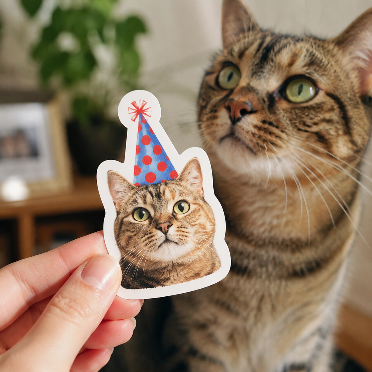 Custom cat sticker with a party hat held in front of a real tabby cat