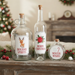 Set of three custom Christmas bottle labels featuring holiday illustrations like a reindeer, poinsettia, and candy cane, perfect for festive home decor.