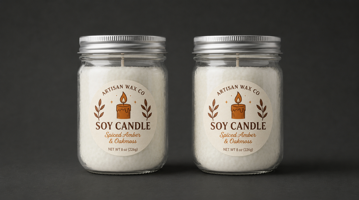 Custom circle product labels on glass soy candle jars with a minimalist artisan design.