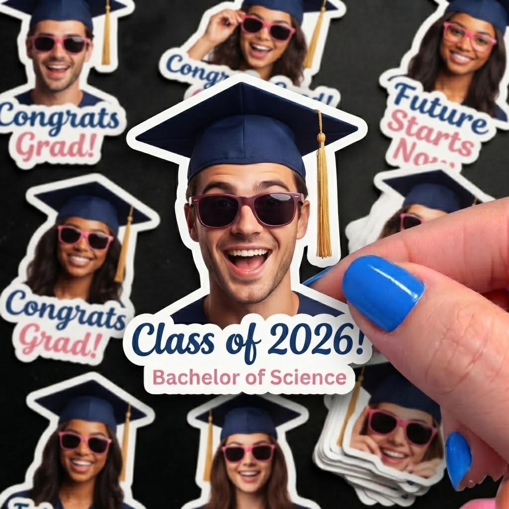 Hand holding a custom Class of 2026 graduation face sticker with a mortarboard hat, surrounded by other personalized grad stickers on a dark surface.