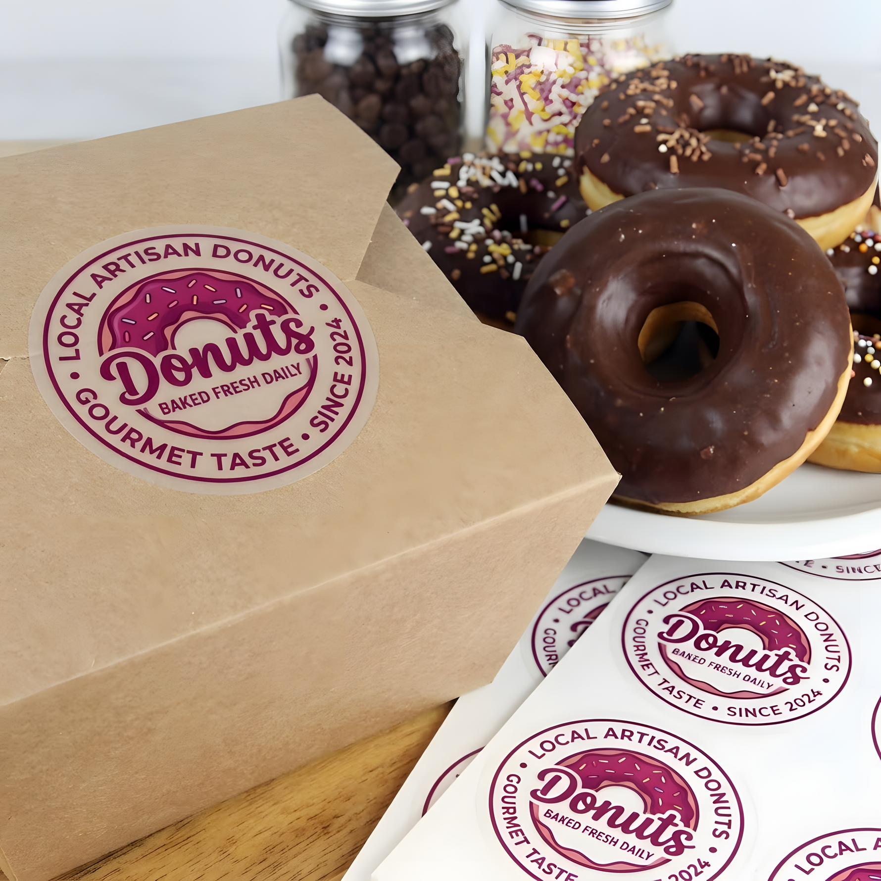 Round custom clear label applied to a kraft donut box beside chocolate donuts and matching label sheets.