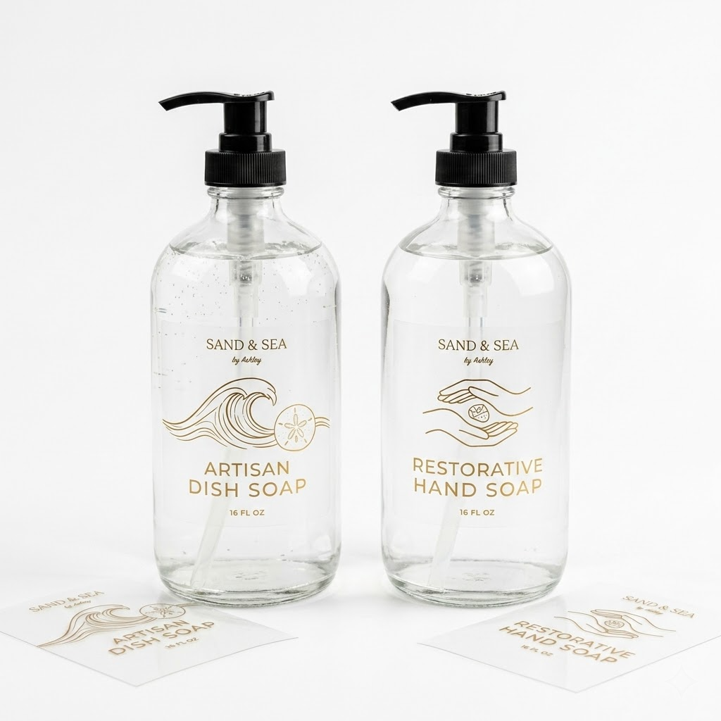 Two large glass pump bottles for hand and dish soap featuring elegant gold-printed clear labels with wave and hand icons.