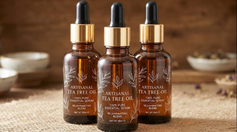 Custom clear labels on amber essential oil dropper bottles for a clean, transparent packaging look.