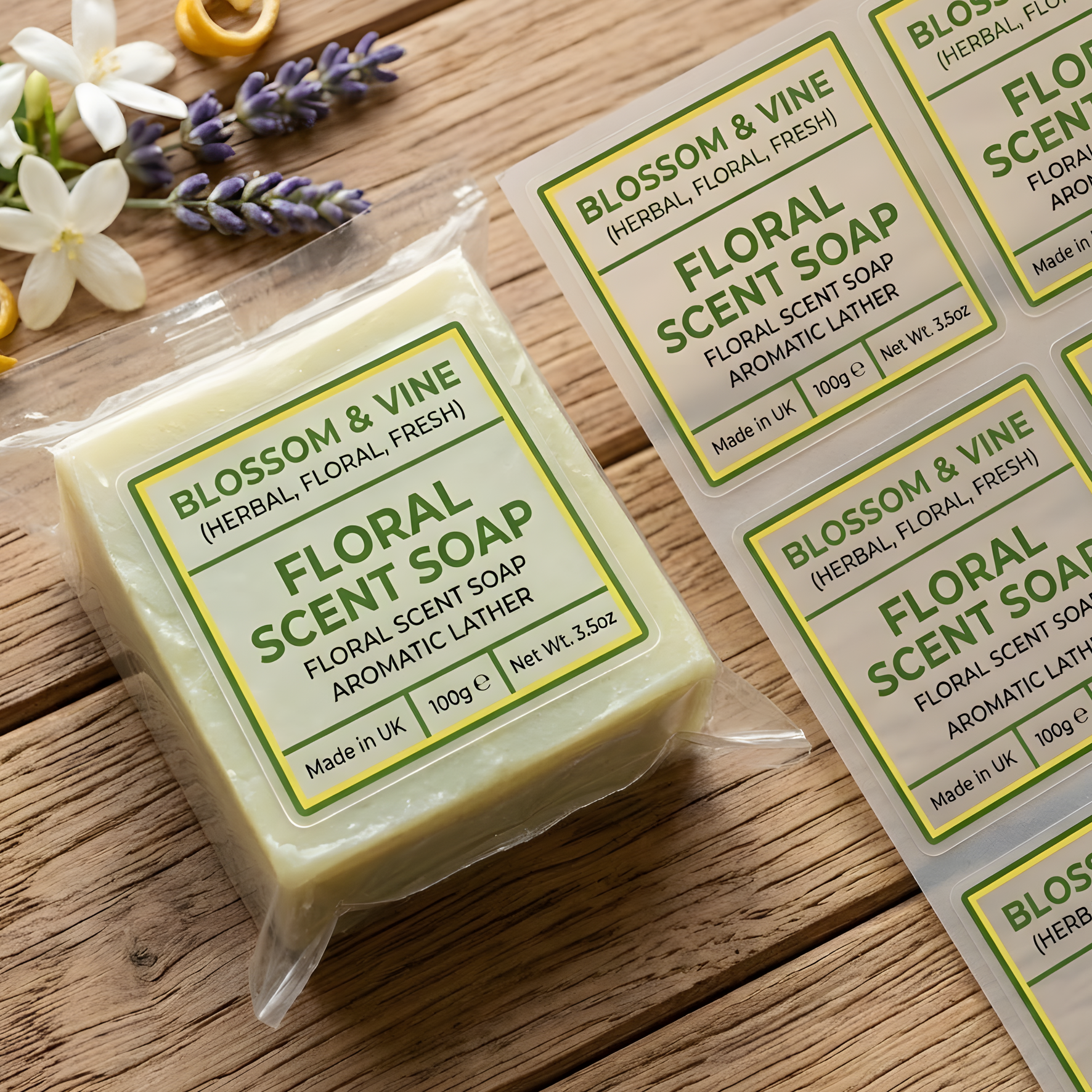 Custom clear product labels on packaged floral soap with additional labels shown on a sheet.